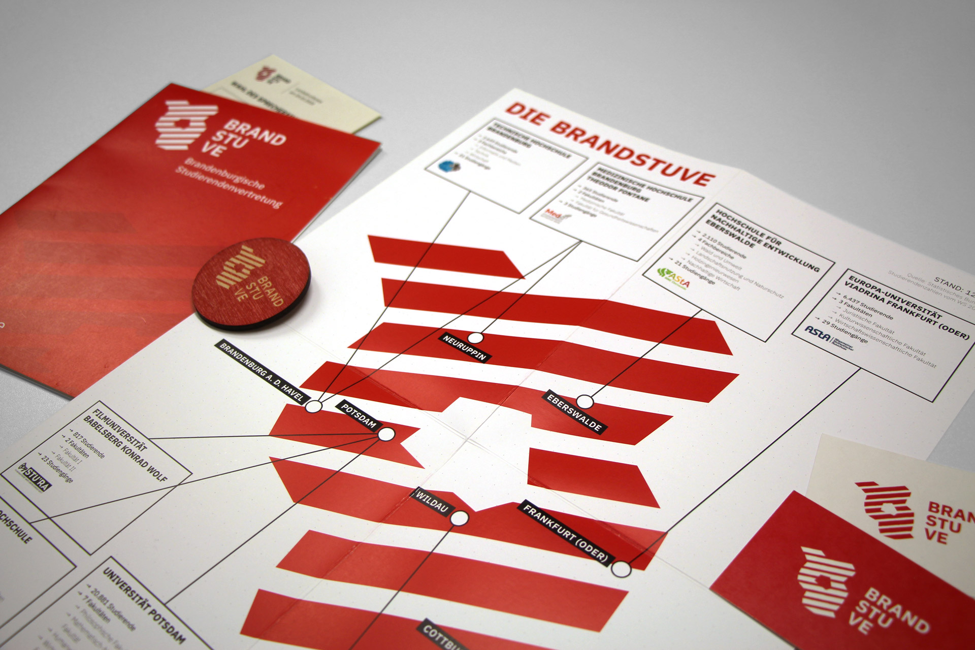 Ausgeklappter Flyer mit einer Übersicht der brandenburgischen Hochschulen, daneben VIsitenkarten mit dem BRANDSTUVE-Logo, ein Flyer, ein Pin und ein Wahlzettel.