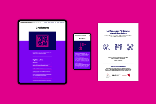 Die Webseite des Hochschul-Hackathons auf einem Tablet und auf einem Smartphone, sowie ein Ergebnispapier im Design des Hochschul-Hackathons