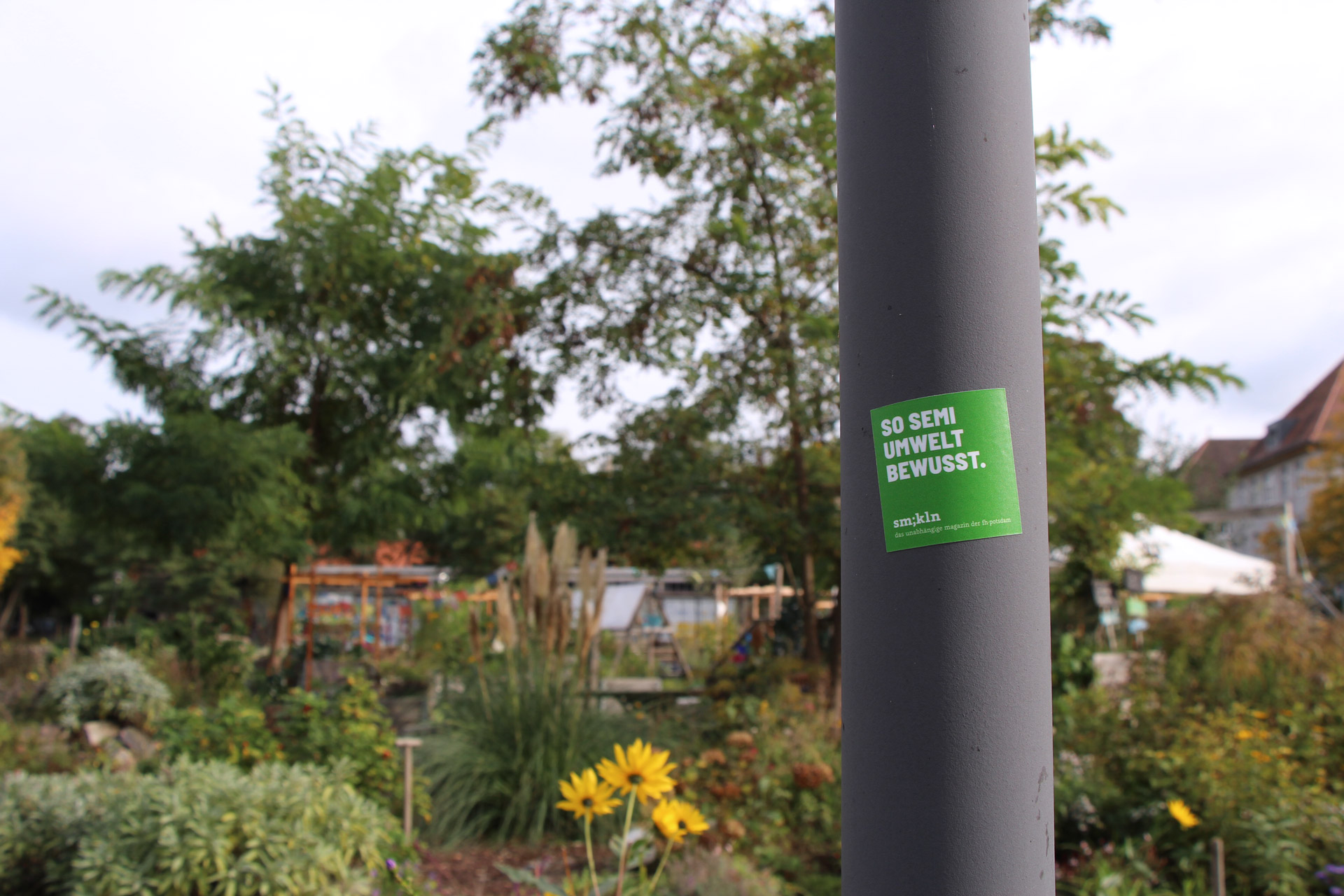 Ein Semikolon-Aufkleber klebt an einem Lampenpfosten vor dem Campusgarten. Auf dem Sticker steht: So semi umweltbewusst.