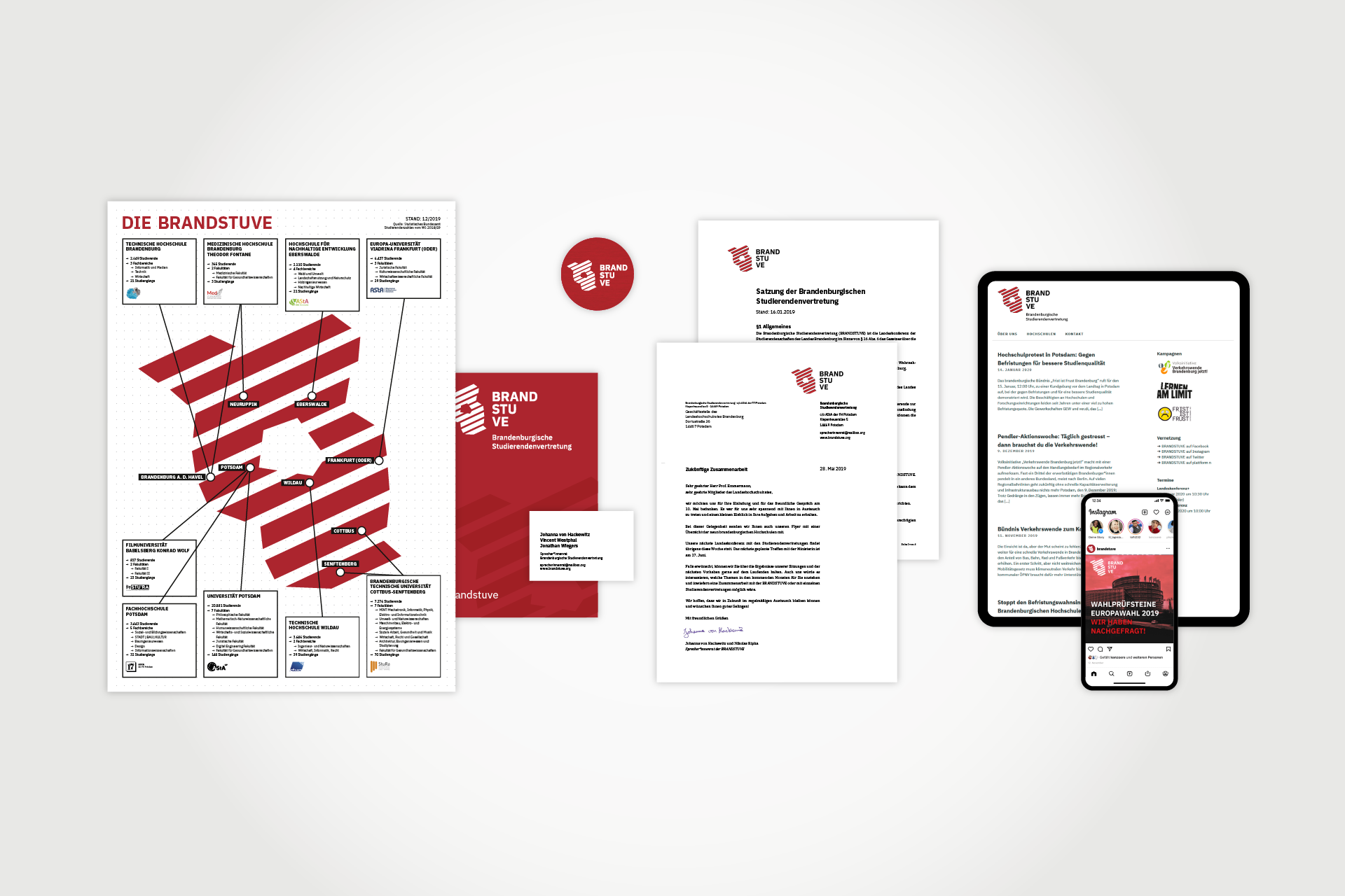Entwurf: Medien im Design der BRANDSTUVE: Flugblatt, Visitenkarte, Button, Brief, Satzung, Webseite, Social media